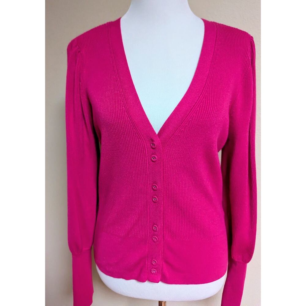 Pink Ribbed Knit V-Neck Cardigan Sweater | Button Up Long Sleeve | Women